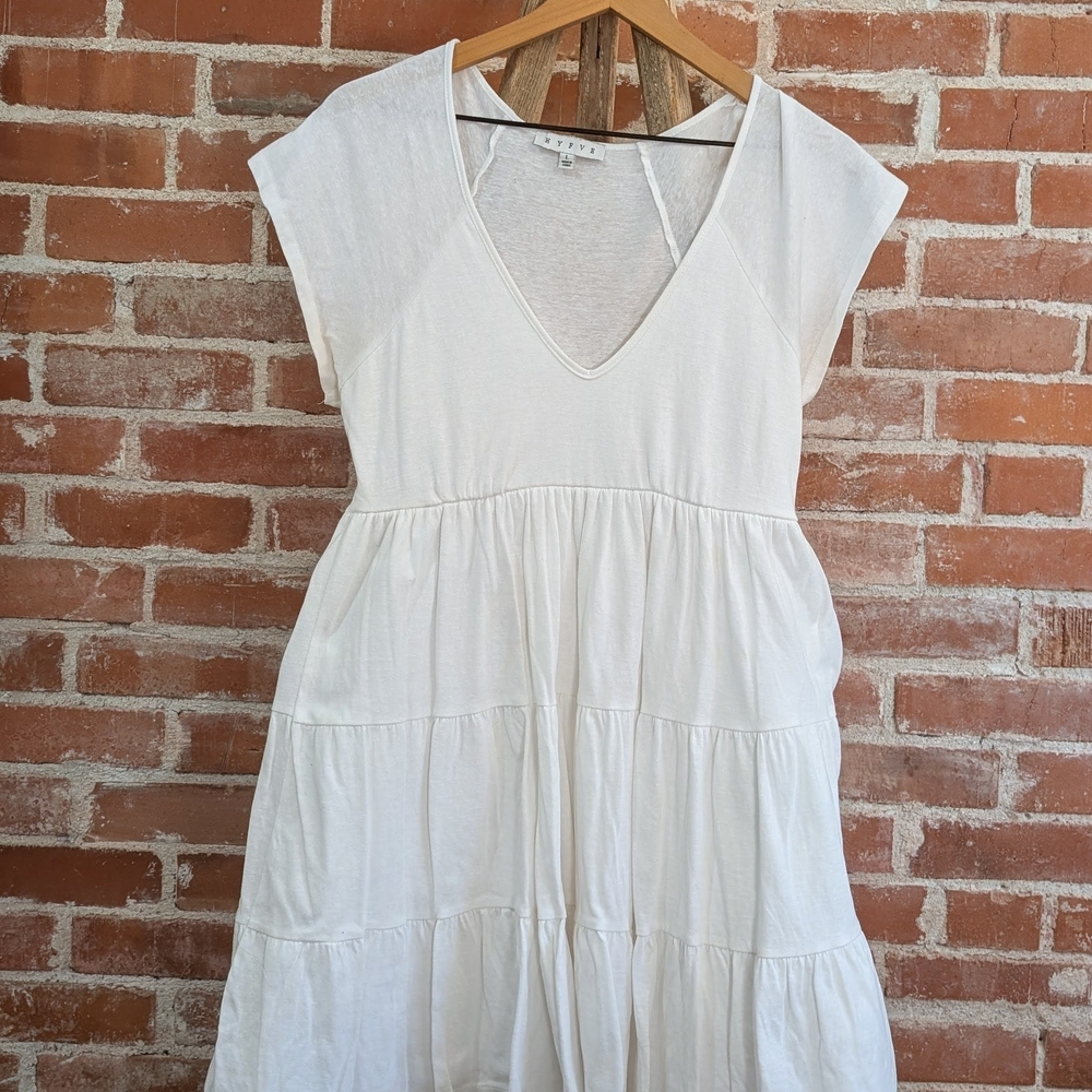 HYFVE Cream/White Cotton V-Neck Tiered Dress